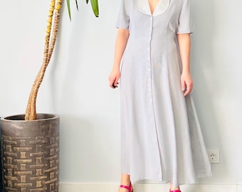 Vintage Women Maxi Button Up Dress With Half Sleeves Size M