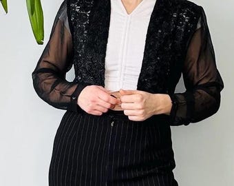 Vintage Black Lace Bolero With Sheer Sleeves Size S