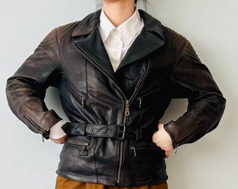 Vintage Polo Dark Brown Women Leather Biker Jacket With Belt Size S