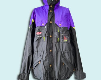 Vintage technisch Gore-Tex ski-jack uit de jaren 80 en 90 | Uniseks zwart paars waterdicht, maat XL