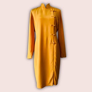 Vintage Silk Cheongsam Dress: Mustard Yellow Midi Qipao - Dana Buchman Size M