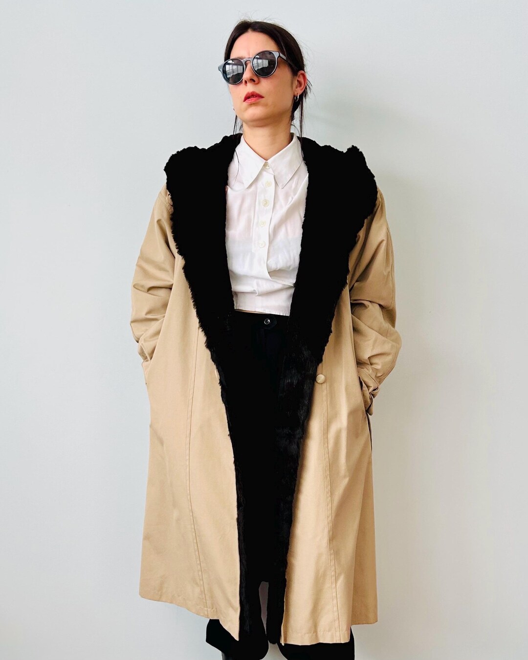 Vintage Tan Trench Coat | Rabbit Fur Belted Hoodie 80s Fashion Women’s ...