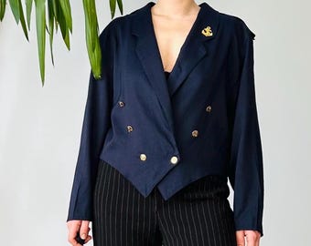 Vintage Navy Blue Lightweight Women Viscose Blazer Size L