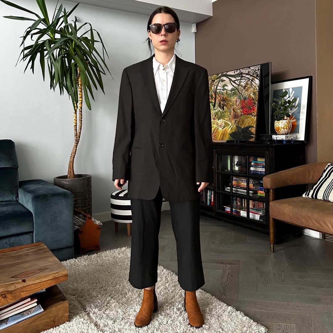 90’s Brown Blue Pinstripe Blazer Suit Jacket by Plaza South