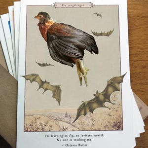 May include: A stack of art prints featuring a surreal illustration of a bird with bat wings and several bats in flight. The text "De jongelingen" is at the top, and a quote by Octavia Butler is at the bottom.