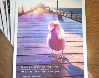 Literary Chicken Greeting Card: Raymond Chandler Quote, Handmade chicken art