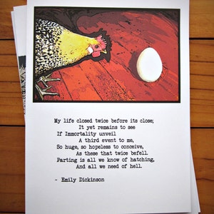 Literarische Huhn Grußkarte - Emily Dickinson; Mein Leben hat sich zweimal geschlossen, bevor es zu Ende geht