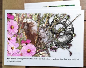 Literary Chicken Greeting Card: Charles Darwin Quote, We stopped looking for monsters
