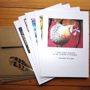 Cartes de voeux littéraires de poulet - lot de 5 assorties - vous choisissez, art de poulet fait main