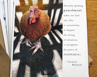 Literary Chicken Greeting Card - Friedrich Nietzsche quote; Punishment strengthens the power of resistance