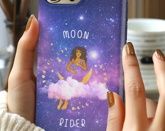 Celestial Galaxy Space iPhone Case. Feminist Girl Power Phone Cover. Clouds Stars Cosmos Phone Case. Motivational Moon Rider Phone Case Gift