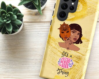 Gemini Zodiac Astrology Samsung Case. Cute Celestial Retro Aesthetic Phone Cover. Groovy Yellow Sturdy Protective Phone Case Gift for Friend
