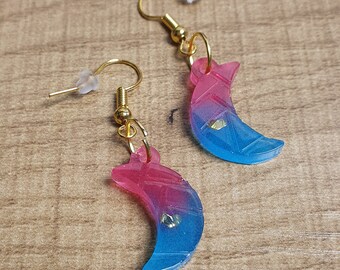 Boucles d'oreilles forme lune rose et bleue