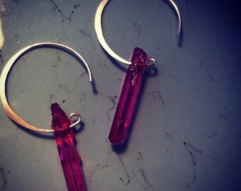 Fuchsia Modern Hammered Raw Quartz Crystal Points Sterling Silver Earrings - Medium Points