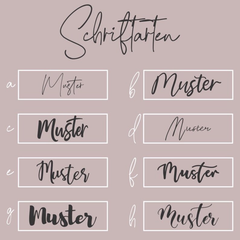 May include: A chart with the word "Schriftarten" at the top, followed by eight examples of different fonts, each labeled with a letter from a to h. The word "Muster" is written in each font.