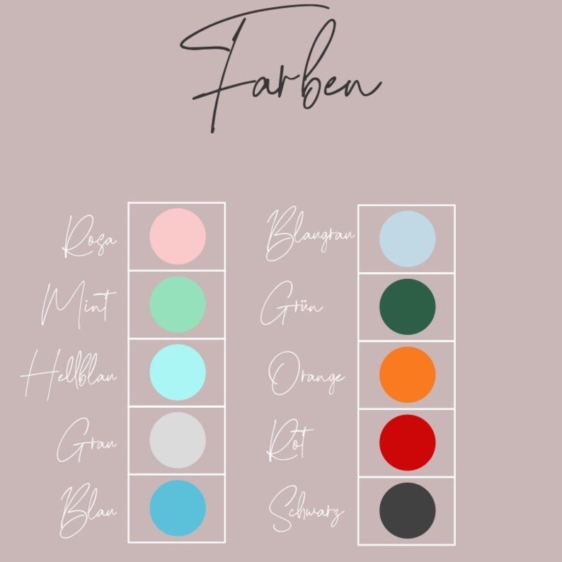 May include: A color chart with the German word "Farben" at the top. The chart shows 10 different colors with their names in German: Rosa, Mint, Hellblau, Grau, Blau, Blaugrau, Gr&uuml;n, Orange, Rot, Schwarz.