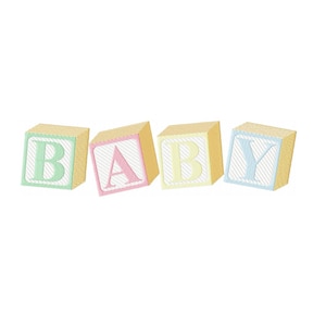 May include: Four wooden blocks spelling out the word "BABY" in yellow, pink, blue, and green. Each block has a white stripe pattern.