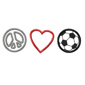DIGITAL FILE Machine Embroidery Peace Love and Soccer applique 5x7 design in five popular formats