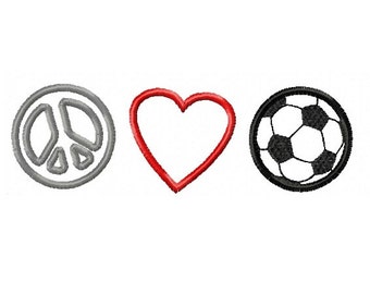 FICHIER numérique à la Machine broderie paix, amour et le football applique design 5 x 7 en cinq formats populaires