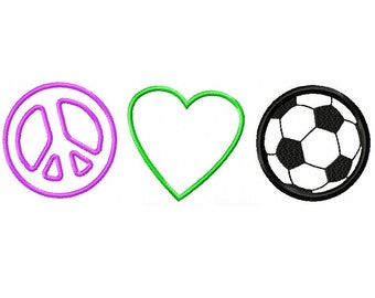DIGITAL FILE Machine Embroidery Peace Love and Soccer Applique 6x10 design in five popular formats