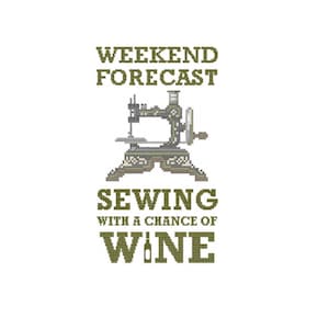 Può includere: Una macchina da cucire verde e nera con il testo "Weekend Forecast Sewing with a chance of Wine".