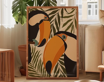 Tropical Toucans Fine Art Print – Jungle Bird Art, Safari-Inspired Decor, Modern Toco Toucan Illustration, Jungle Safari Tropical Artwork