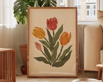 Tulips Fine Art Print – Abstract Floral Wall Decor in Sunset Palette, Modern Botanical Artwork