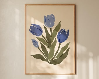 Tulips Fine Art Print – Abstract Floral Wall Art in Blue Tones, Modern Botanical Decor