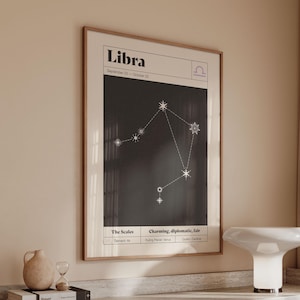 May include: A framed Libra zodiac sign art print. The black and white print features the constellation, the word "Libra", and the dates September 23 - October 22. The print is displayed above a wooden cabinet with a white lamp.