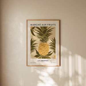 Pineapple Fruit Market Fine Art Print – Vintage Tropical Wall Decor Inspired by French Market Posters with Greenery and Golden Fruit Accents