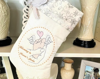 Personalized Angel Baby Memorial Christmas Stocking – Embroidered Heaven’s Garden Keepsake, White & Silver Glitter,  Sympathy Gift