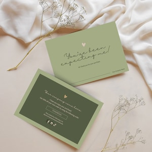 May include: Two green cards with a heart and text that reads "You've been expecting me!" and "Your company name here I hope you enjoy your purchase! Get 20% off your next order by using the following code: THANKS20 Stay updated by following us at [social media icons]"