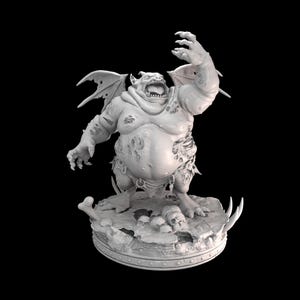 May include: A white, 3D printed figurine of a grotesque, winged demon with a large belly and a menacing expression. The demon is standing on a base with skulls and bones.