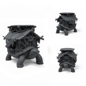 May include: A gray, fantasy-themed miniature of a turtle carrying a detailed wooden structure on its back. The structure resembles a small house or shelter, with intricate details and a weathered appearance. The image shows the miniature from multiple angles.