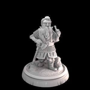 May include: A white painted miniature figurine of a dwarf warrior holding an axe and a shield. The dwarf is wearing chainmail armor and has a long beard. The figurine is standing on a round base.