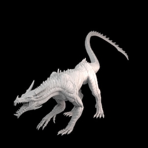 May include: A white, detailed, 3D printed model of a dragon with a long tail and two heads. The dragon is posed in a crouching position with its front legs extended.