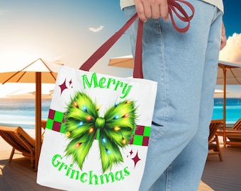 Grinchmas Bow Tote Bag, Checkered Christmas Organizer