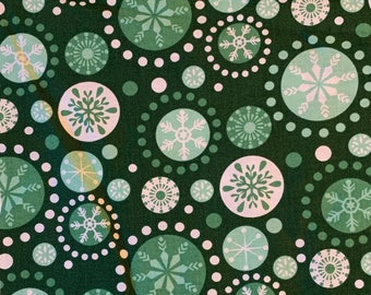 Michael Miller - Fall Into Winter - Green - Cotton Quilting Fabric by the yard - Christmas Holiday Fabric - Snowflakes - Snow - MCM