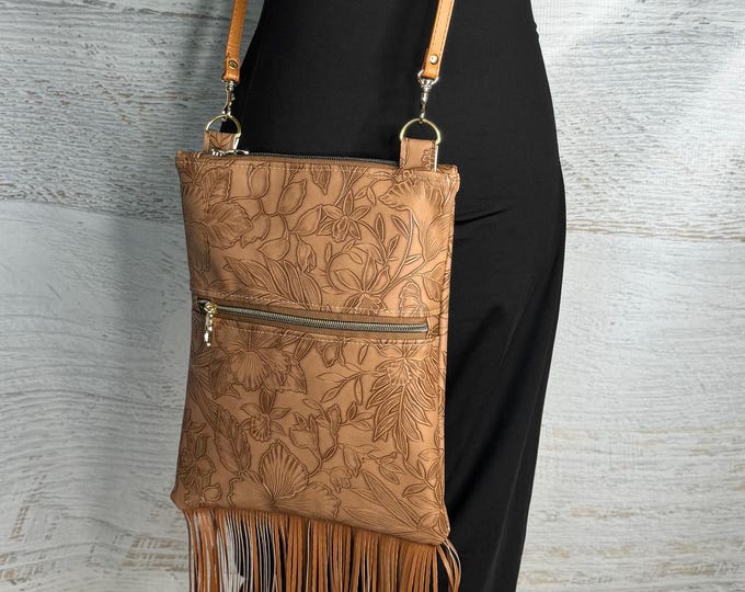 Paniola Fringe - Light Brown  - Vinyl - Purse - Crossbody - Hawaiian Cowgirl - Tiki - Polynesian - Hawaii - Tropical Flowers - California