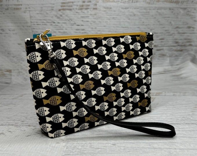 School of Fish - Black Metallic Gold - Clutch - Zipper Pouch - Wristlet - Retro Hawaiian Print - Aloha Print - Hawaii Travel Bag - Tiki