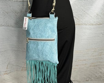 Paniola Fringe - Light Blue - Vinyl - Purse - Crossbody - Hawaiian Cowgirl - Tiki - Polynesian - Hawaii - Tropical Flowers - California