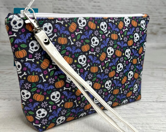 Skulls Bones Bats & Pumpkins - Clutch - Zipper Pouch - Wristlet - Vinyl - Vegan Leather - Travel Bag - Nightclub - Retro - goth - Spooky