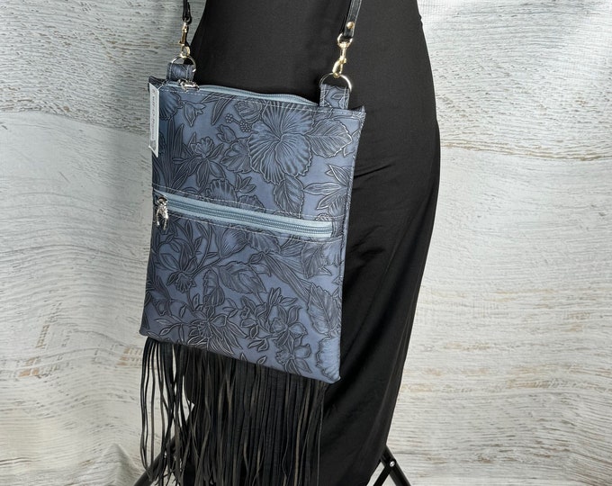 Paniola Fringe - Blue Black - Vinyl - Purse - Crossbody - Hawaiian Cowgirl - Tiki - Polynesian - Hawaii - Tropical Flowers - California