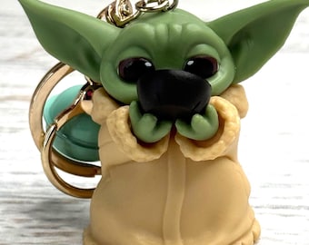 Disney The Mandalorian Sipping Grogu "Baby Yoda" Plastic Bag Charm Keychain with Green Jingle Bell