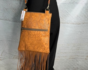 Paniola Fringe - Orange - Vinyl - Purse - Crossbody - Hawaiian Cowgirl - Tiki - Polynesian - Hawaii - Tropical Flowers - California