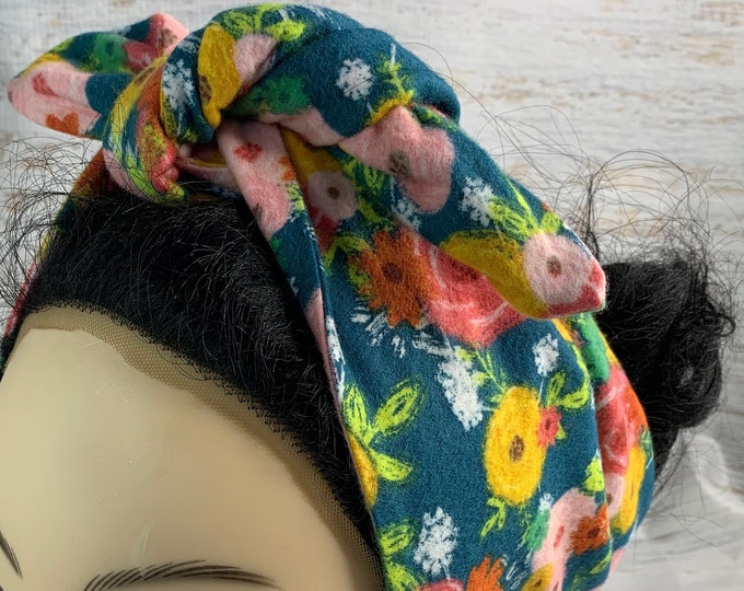 Floral Print - Flowers - Pin Up Style Wide Head Scarf - Hair Wrap - FLANNEL Cotton Headband - Hair Wrap