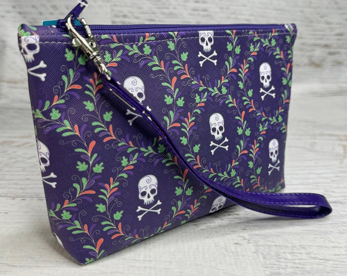 Purple Skull Vignette - Clutch - Zipper Pouch - Wristlet - Vinyl - Vegan Leather - Travel Bag - Nightclub - Retro - Goth - Spooky