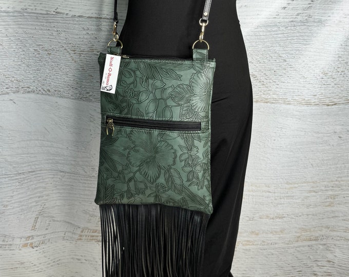 Paniola Fringe - Green - Vinyl - Purse - Crossbody - Hawaiian Cowgirl - Tiki - Polynesian - Hawaii - Tropical Flowers - California