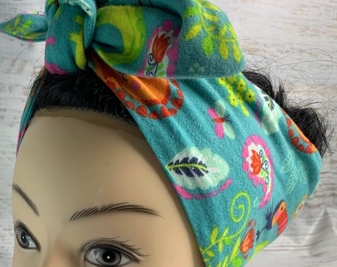 Jungle Creatures - Pin Up Style Wide Head Scarf - Hair Wrap - FLANNEL Cotton Headband - Hair Wrap