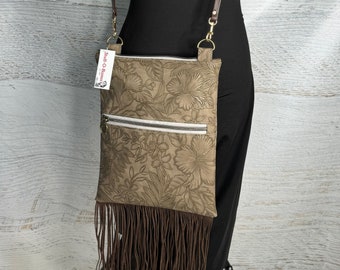 Paniola Fringe - Smoky Brown  - Vinyl - Purse - Crossbody - Hawaiian Cowgirl - Tiki - Polynesian - Hawaii - Tropical Flowers - California